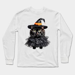 Whiskered Enchantment: The Adorable Black Kitten Witch Long Sleeve T-Shirt